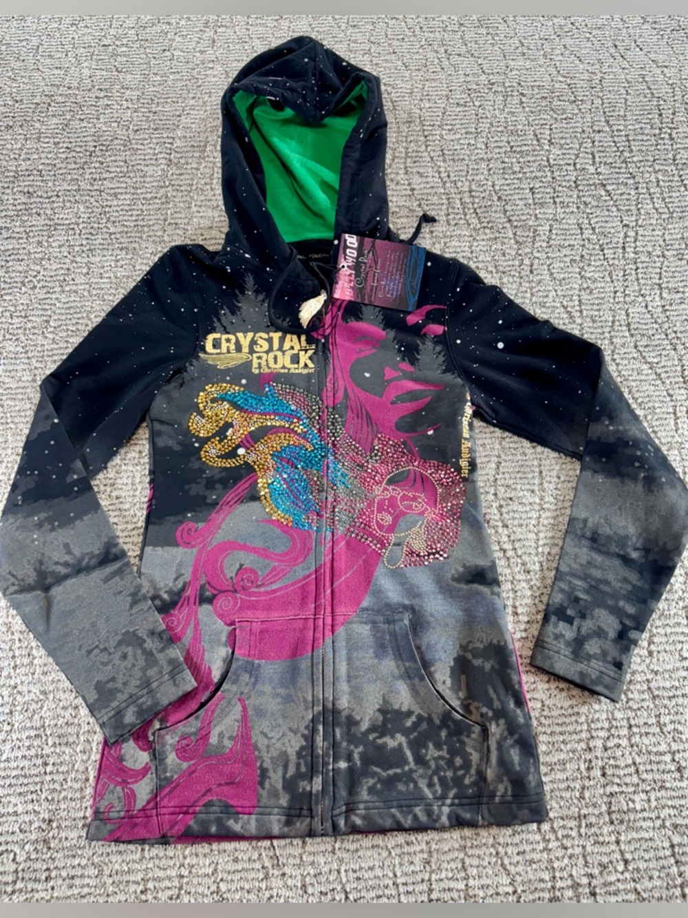 NWT Christian Audigier Women’s XS Black/Pink Crystal Rock Hoodie Full Zip